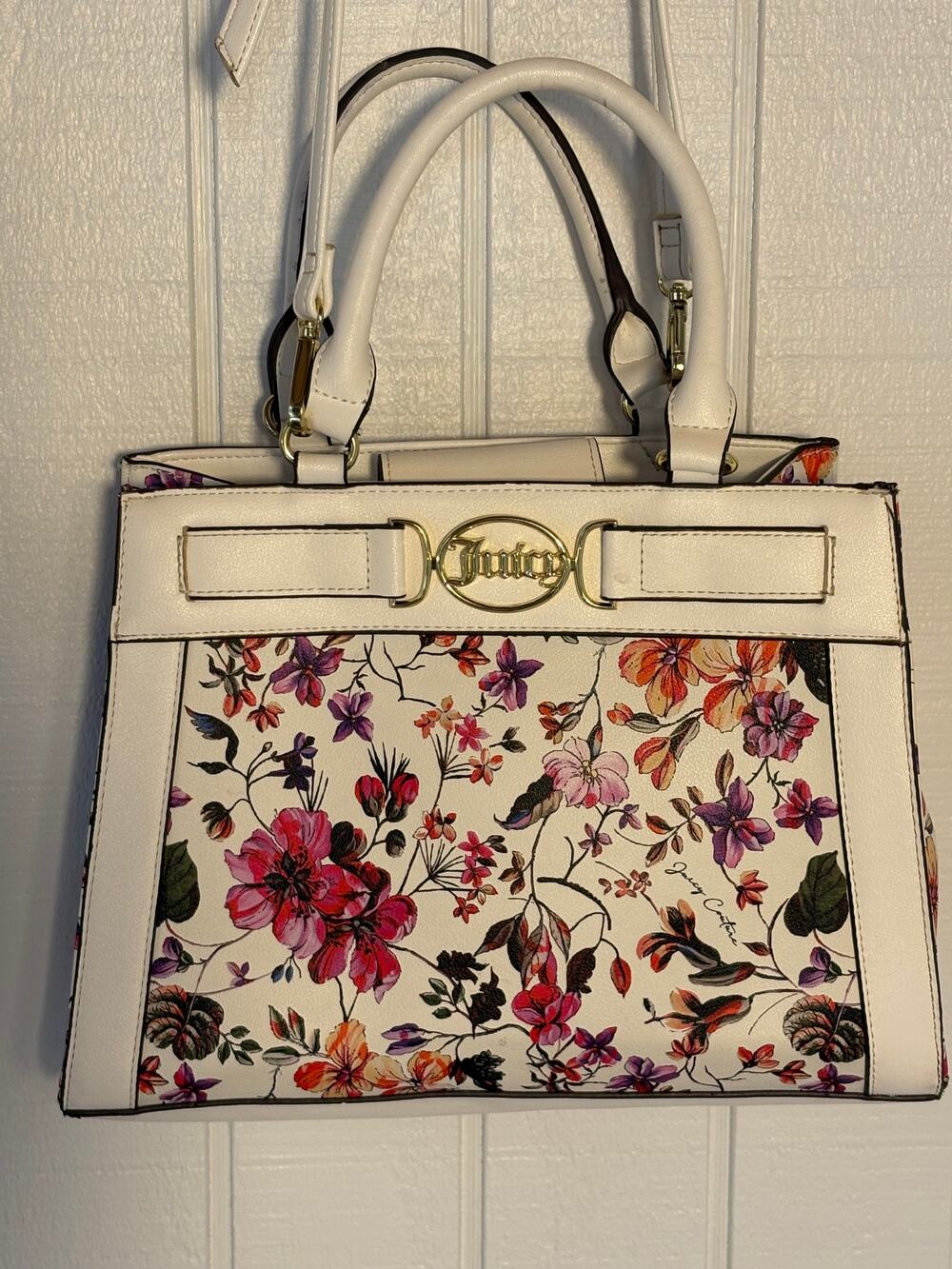 Juicy Couture Floral Satchel Crossbody Purse Y2K Coquette White Pink Gold